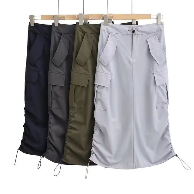 Asiris-Drawstring Waist Plain Slit Maxi Straight Cargo Skirt