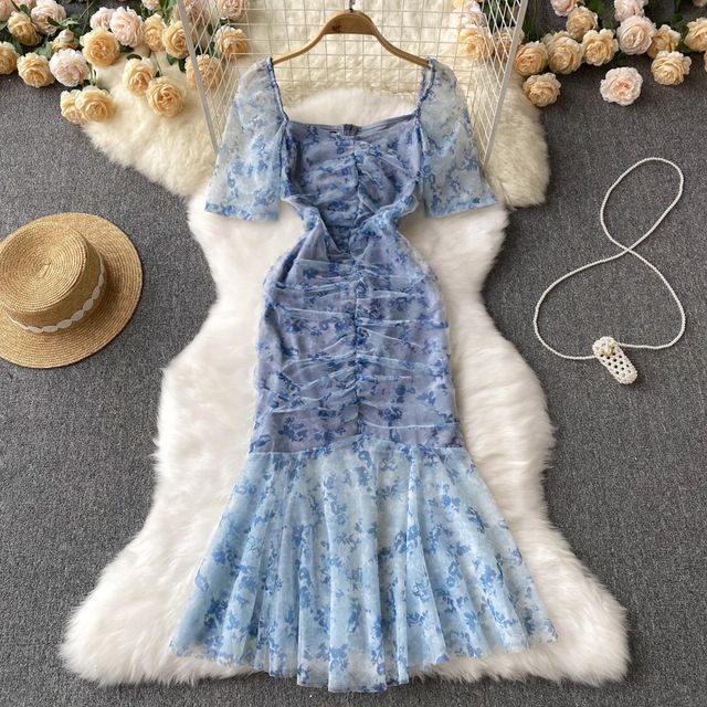 Lucuna - Short-Sleeve Square-Neck Floral Mesh Fish Tail Maxi Dress |  YesStyle