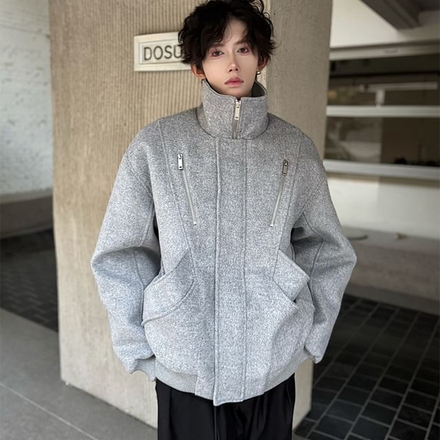 Orungeetun-Stand Collar Plain Zip-Up Jacket