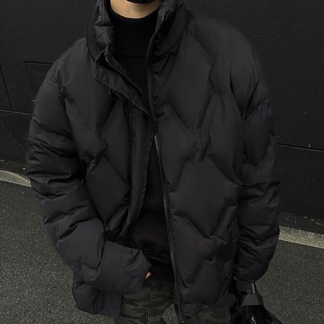 Orungeetun-Stand Collar Plain Quilted Zip-Up Jacket