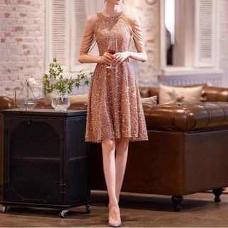 Cold-Shoulder Sequin Strappy A-Line Cocktail Dress / Sheath Cocktail Dress / Trumpet Evening Dress