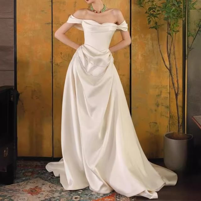 Fioridi - Off-Shoulder Plain Ruched A-Line Wedding Gown | YesStyle Fioridi - Off-Shoulder Plain Ruched A-Line Wedding Gown | YesStyle