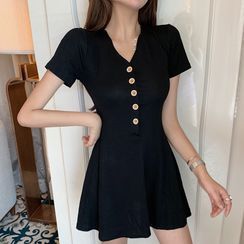 Aetherial - Short-Sleeve Button Mini A-Line Dress Aetherial - Short-Sleeve Button Mini A-Line Dress