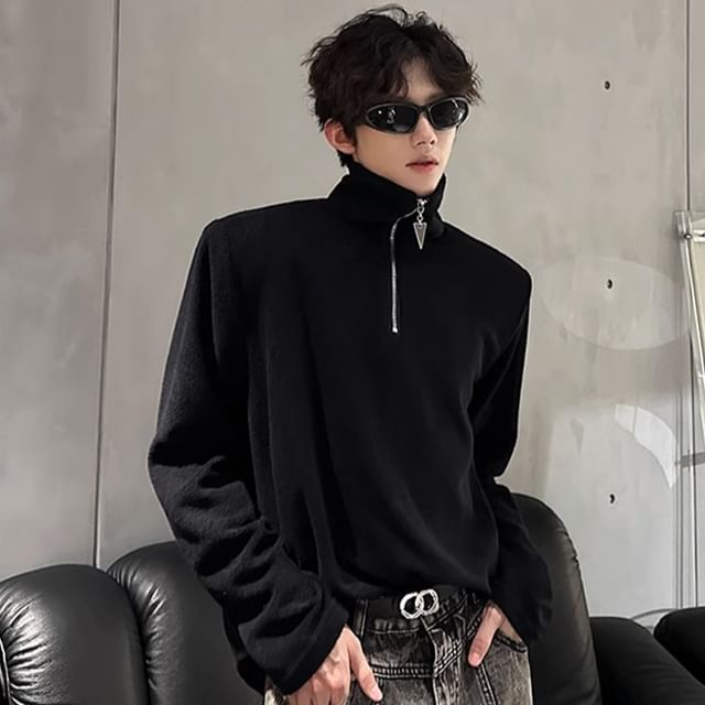 Kimeya-Long-Sleeve High Neck Plain Half-Zip Sweatshirt