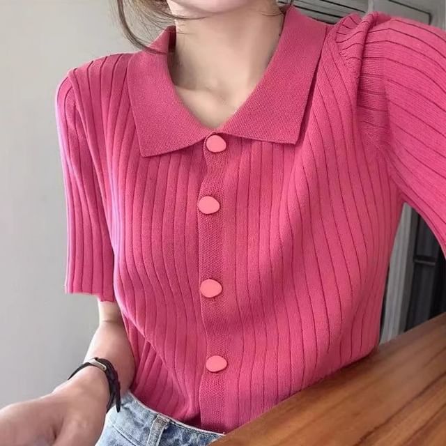 PERKARP-Short-Sleeve Collared Button-Up Plain Knit Top