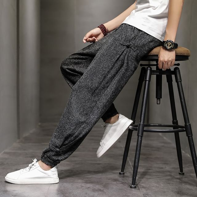 YIKES-High Waist Melange Frog Buttoned Baggy Pants