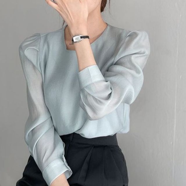Happo-Long-Sleeve Round Neck Plain Blouse