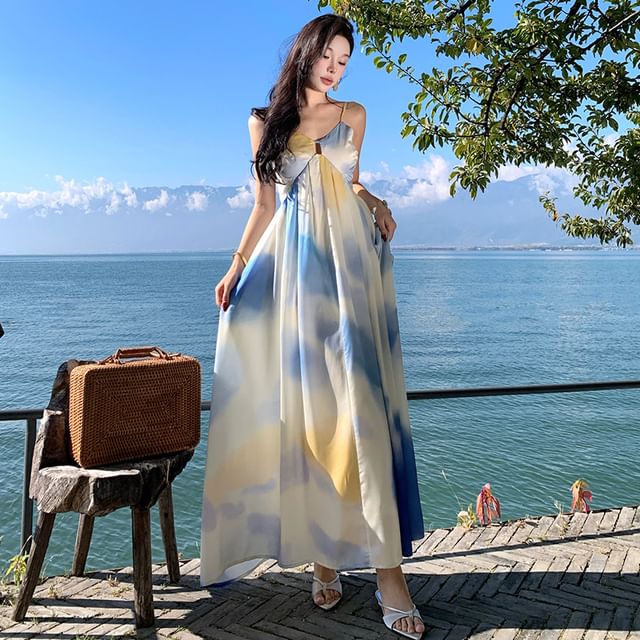 Moanum-Spaghetti Strap Gradient Panel Maxi A-Line Dress