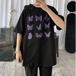8th Sense - Elbow-Sleeve Butterfly Print T-Shirt 8th Sense - Elbow-Sleeve Butterfly Print T-Shirt