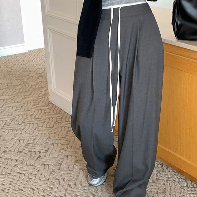 Tulstrix-Drawstring Waist Panel Baggy Dress Pants