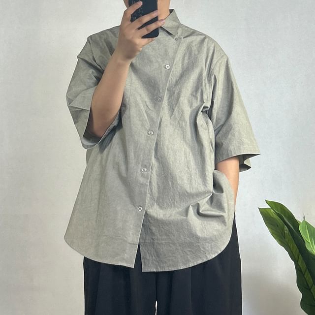 Orungeetun-Short Sleeve Collar Button Up Shirt