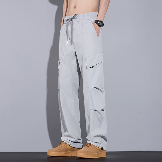 Denimic-Drawstring Waist Plain Straight Leg Cargo Pants