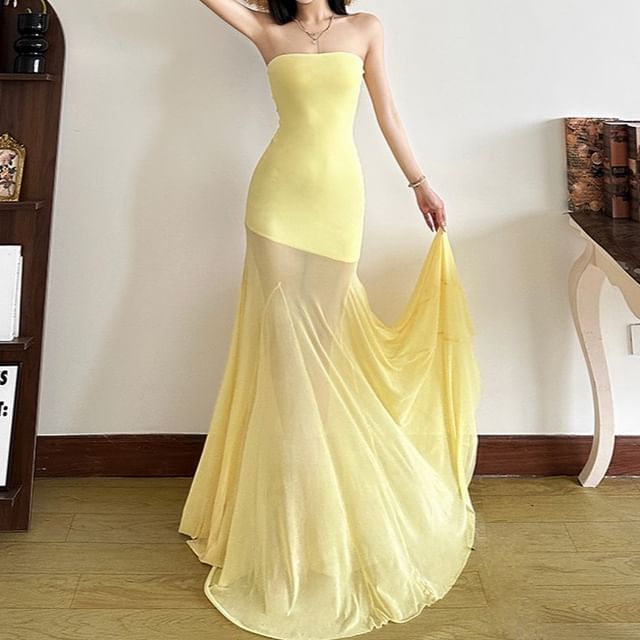 Bababy-Strapless Plain Mesh Panel Maxi Mermaid Dress
