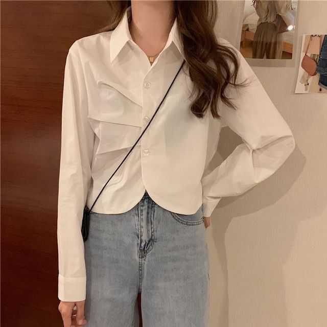 Sisyphi-Long Sleeve Collared Ruched Cropped Shirt