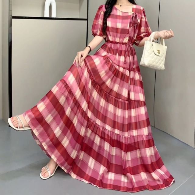navy blue dress for baby girl Maeve Sleeveless Asymmetric Plaid Mix Midi Dress main image 0