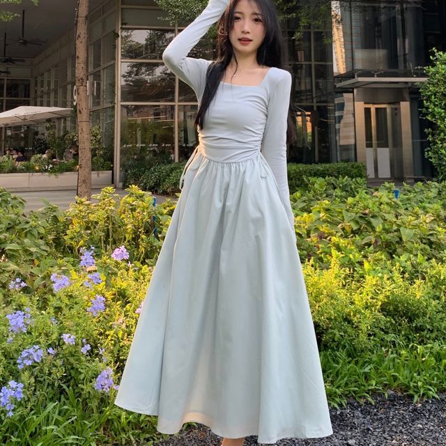 PINPI - Long-Sleeve Square Neck Plain Drawstring Midi A-Line Dress