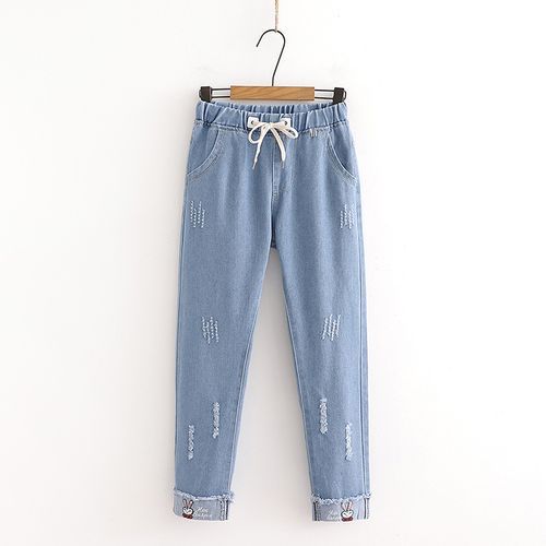 TOJI - Rabbit Embroidered Distressed Cropped Harem Jeans | YesStyle