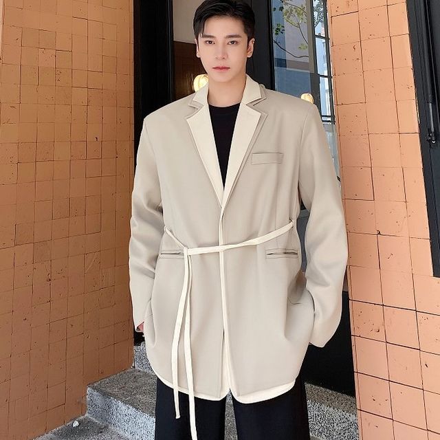 Freehop-Plain Tie Waist Blazer