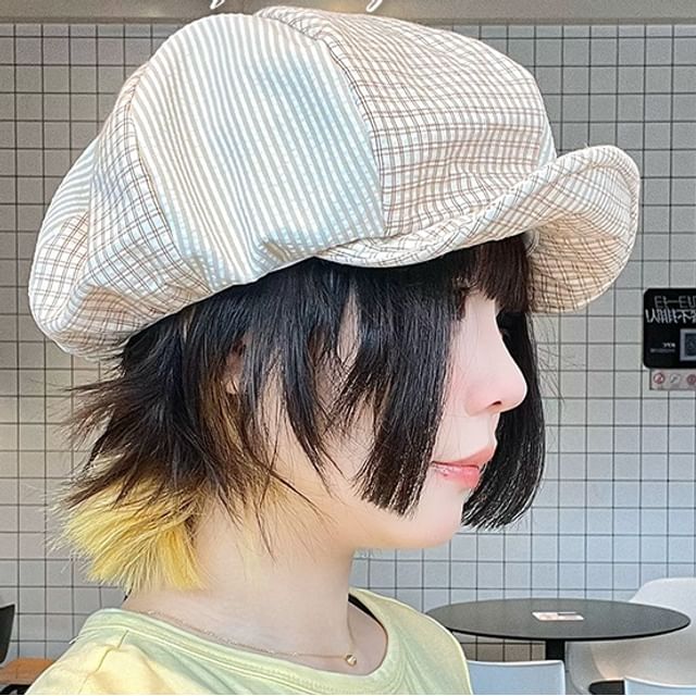 4-4 STUDIO-Plaid Striped Panel Newsboy Cap