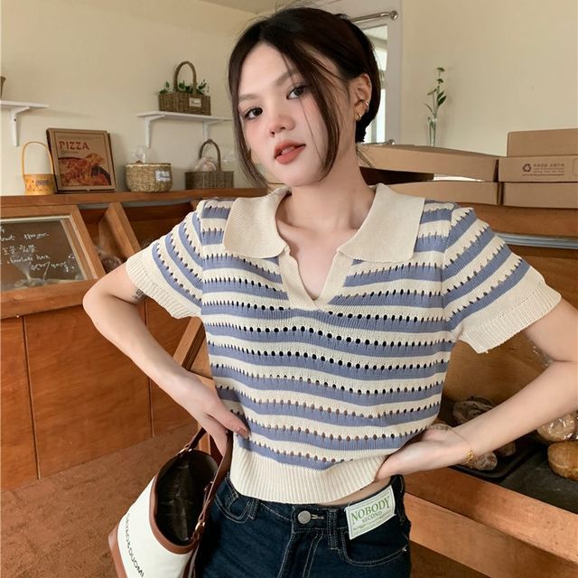 ANORA ShortSleeve Collar Striped Knit Top YesStyle