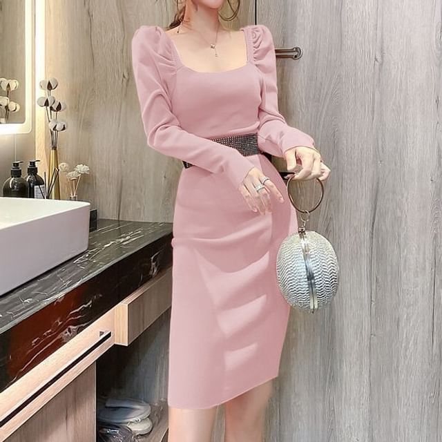 Aurora - Long-Sleeve Square Neck Plain Knit Midi Bodycon Dress | YesStyle