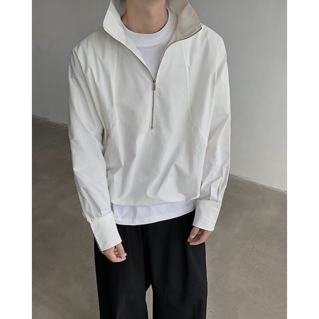 Omozando-Long-Sleeve Stand Collar Half-Zip Plain Shirt