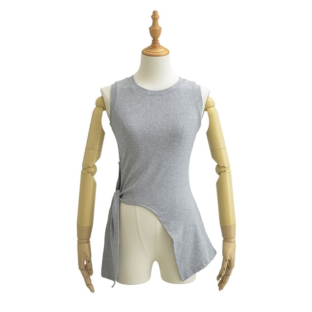 Ulark-Asymmetrical Plain Tie-Side Slit Tank Top