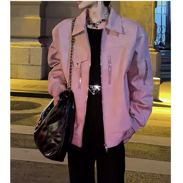 Koiyua-Collared Faux Leather Multi-Zip Jacket