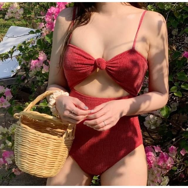 Maisee-Spaghetti Strap Plain Knot Cutout Swimsuit