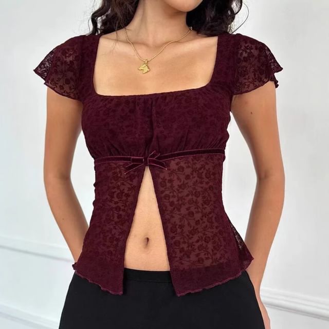 Sosana-Cap Sleeve Square-Neck Plain Lace Slit Crop Top