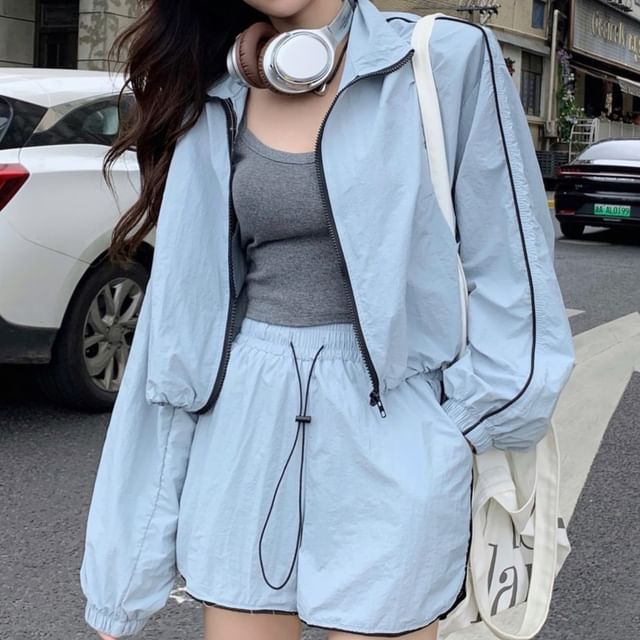 Trendycas-Stand Collar Contrast Trim Zip Jacket Drawstring Waist Track Shorts