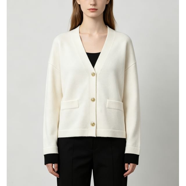 Angel Shine-L V-Neck Two Tone Panel Cardigan