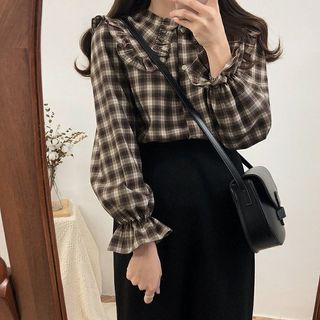 Yunhouse - Long-Sleeve Plaid Blouse / Midi Fitted Skirt | YesStyle