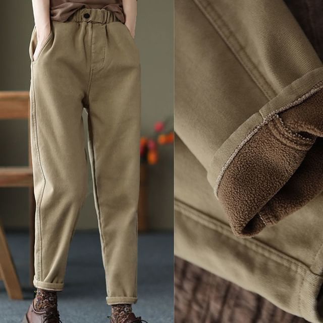 Lewwe-High waist Plain Fleece-Lined Tapered Pants
