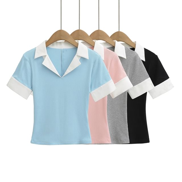 Ulark-Short Sleeve Collared Two Tone Panel Top