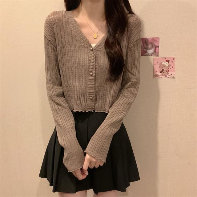 Sisyphi-V-Neck Plain See-Through Cropped Cardigan