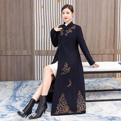 RIMIA - Embroidered Frog-Buttoned Long Coat
