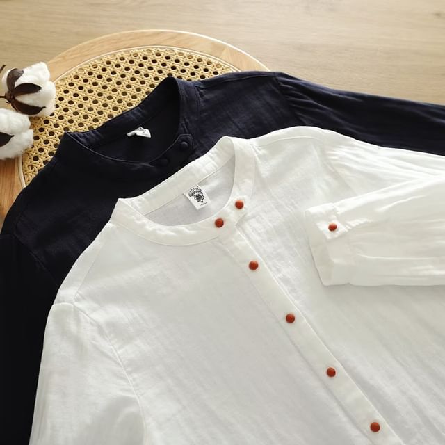 PANDAGO-Long-Sleeve Stand Collar Plain Button-Up Blouse