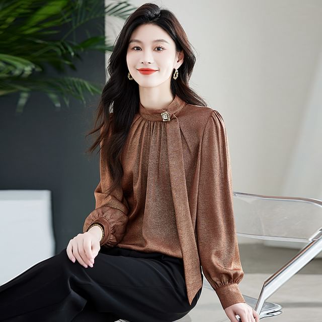 Jeonseon-Long-Sleeve Stand Collar Plain Blouse