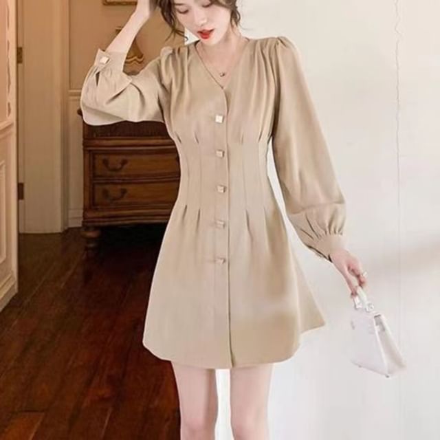 Everose-Long-Sleeve V-Neck Button-Up Plain A-Line Dress