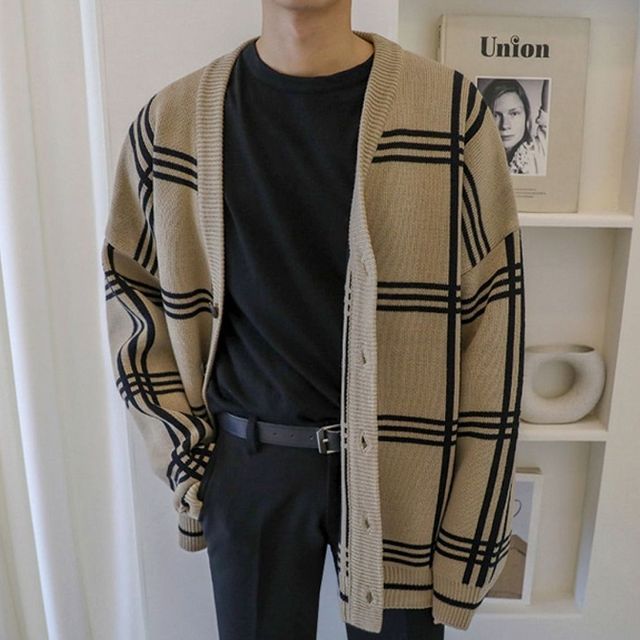 Nightbell-V-Neck Plaid Button-Up Cardigan