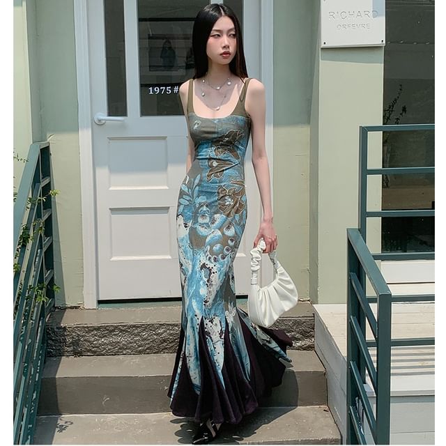 haruokiea - Sleeveless Square Neck Floral Print Maxi Mermaid Dress |  YesStyle
