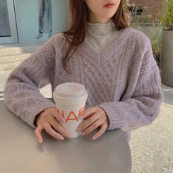 CHERRYKOKO - V-Neck Cable-Knit Sweater CHERRYKOKO - V-Neck Cable-Knit Sweater