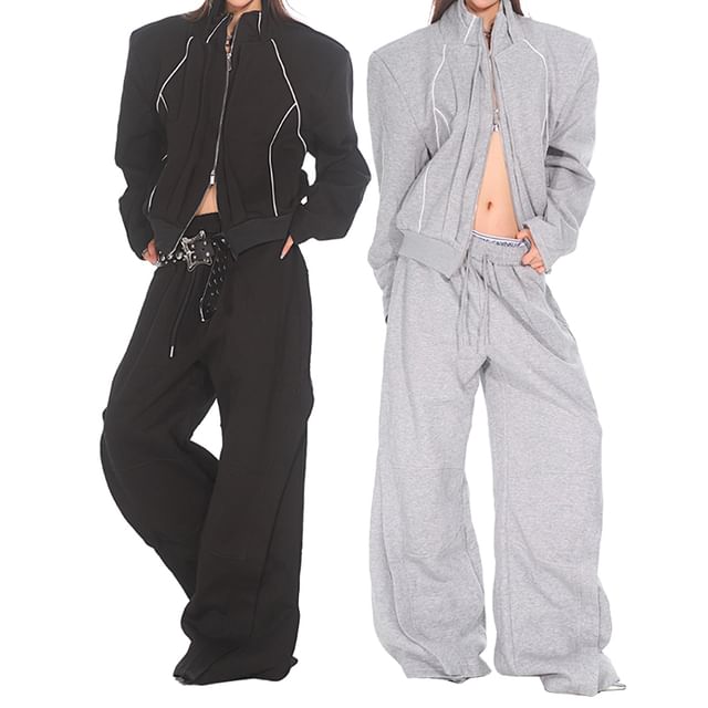 SPUCIKLEI-Stand Collar Contrast Trim Panel Zip Jacket Drawstring Waist Baggy Sweatpants