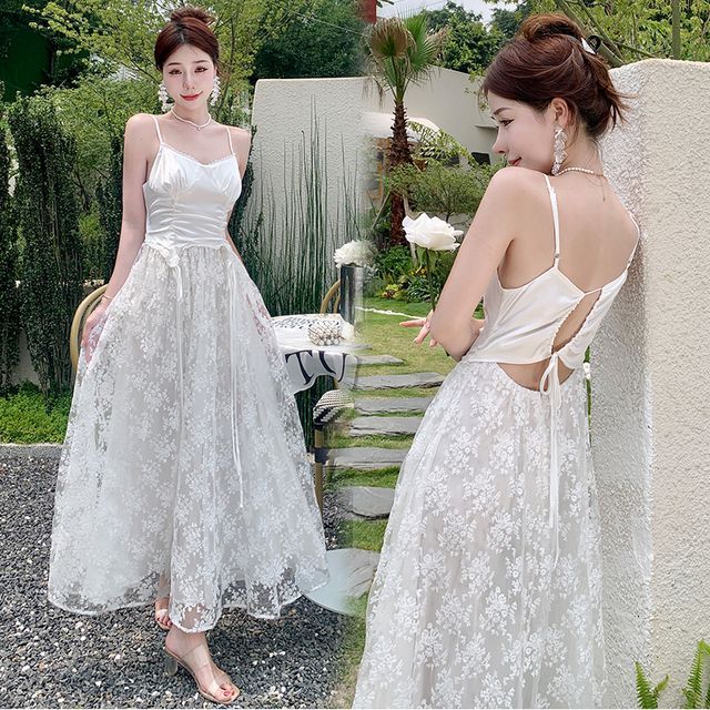 Lydiah - Spaghetti Strap Lace-Panel Maxi Dress | YesStyle
