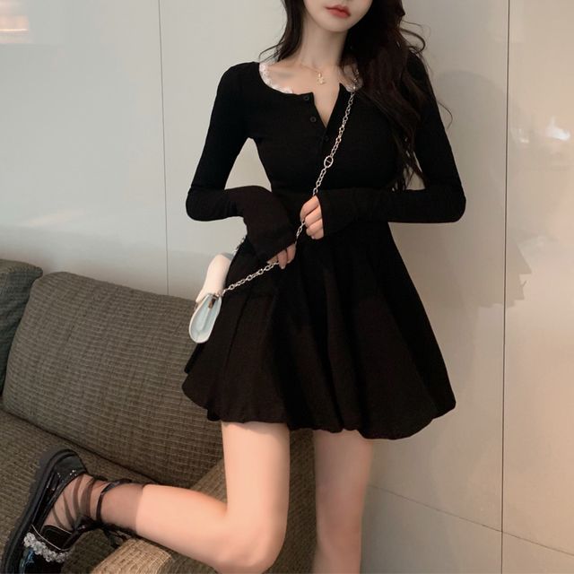 Shinsei - Long-Sleeve V-Neck Plain Mini A-Line Dress | YesStyle Shinsei - Long-Sleeve V-Neck Plain Mini A-Line Dress | YesStyle
