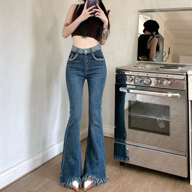 Everose-High Waist Washed Flared Jeans