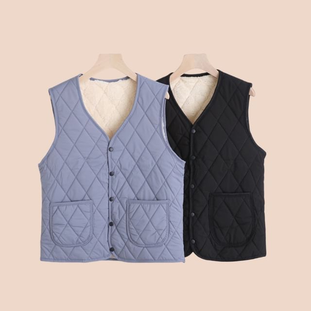 KUMI-V-Neck Quilted Fleece-Lined Button Vest
