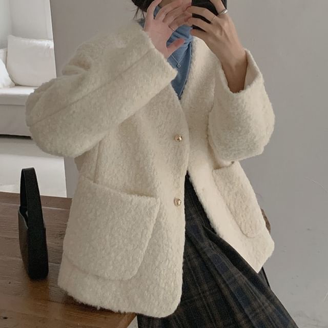 Dute-V-Neck Fleece Button-Up Jacket