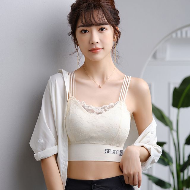 camikiss - Lettering Lace Panel Sports Bra